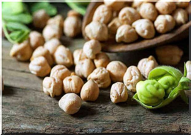 Dried chickpeas and fresh chickpeas in a pod