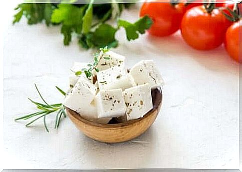 Cubes of feta cheese