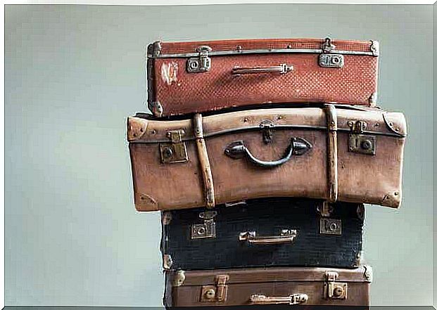 A bunch of antique suitcases.